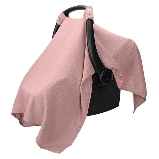 Comfy Cubs Baby Car Seat Cover - Soft, Breathable Bamboo Rayon and Muslin Cotton Blend - Lightweight Canopy for Sun, Bug, and Comfort Protection - Large Size Infant Seat Cover in Mauve Design