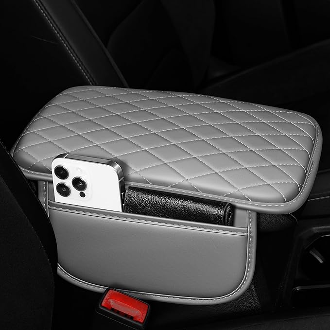 Center Console Cover for Cars Fit for Jeep Compass Leather Armrest Covers with 2 Storage Bags(Grey)
