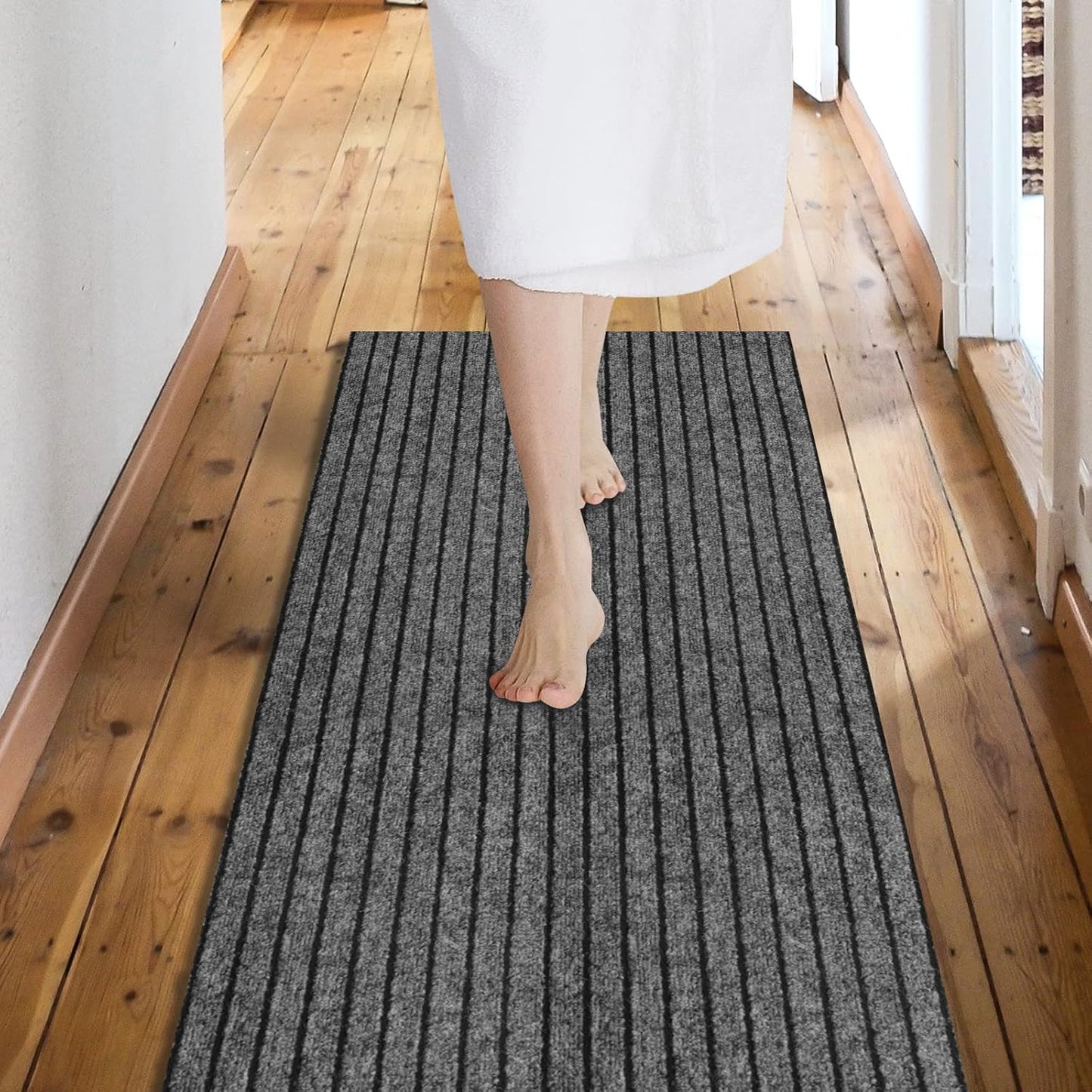 Custom Size Backed Non-Slip Area Rugs Runner, Easy Clean, Waterproof Runner Rugs for Hallway Entryway, Kitchen, Laundry, 4FT x 13FT, Gray Stripe