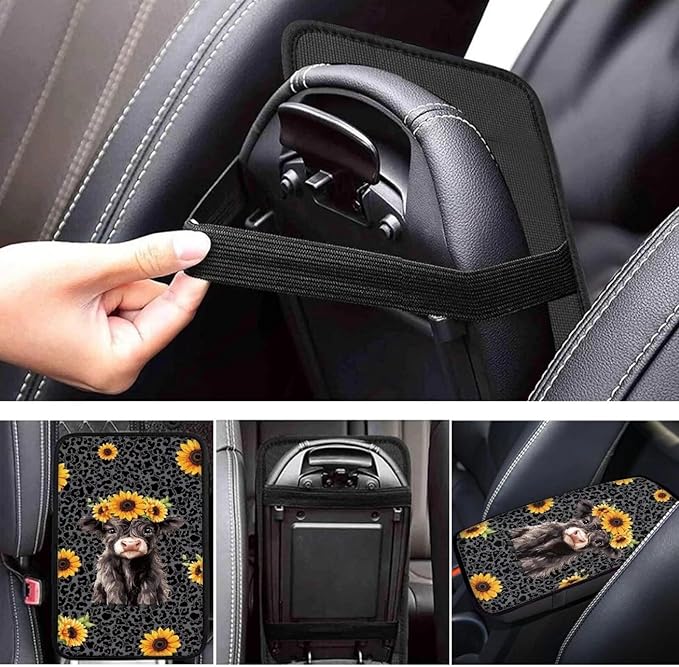 Dreaweet Black Leopard Print Center Console Cover Cute Sunflower Highland Cow Car Accessories for Women Arm Rest Cover for Truck Car SUV,Car Console Covers Soft Comfy Armrest Cover Cushion Pad