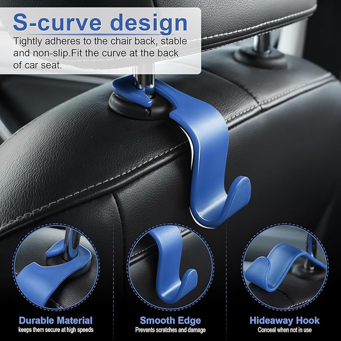 LivTee Car Seat Headrest Hook, Car Headrest Hidden Hook, 4 Pack Universal Auto Car Back Seat Hook Organizer for Purse Coat, Car Interior Accessories (Blue)