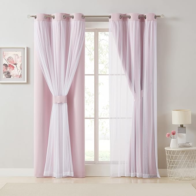 Bujasso Pink Blackout Curtains with Sheer Overlay Mix and Match Double Layer 80% Room Darkening Window Treatment Set for Girls Bedroom Living Room Pink Drapes with Tiebacks Grommet Top 54" Wx95 Lx2