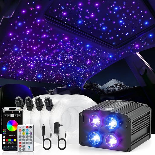 4 Colors 32W Twinkle Starlight Headliner Kit for Car Home with APP&RF Remote,RGBW 1200pcs*0.03in*13.1ft Cables Fiber Optic Star Sky Roof Lights,4 Port Engine Sound Activated Car Ceiling Star Lights