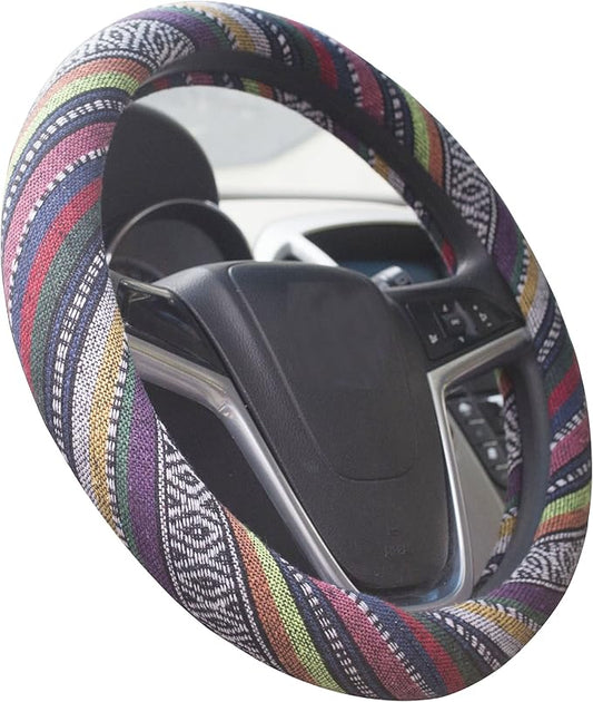Ethnic Style Coarse Flax Cloth Automotive Steering Wheel Cover Anti Slip and Sweat Absorption Auto Car Wrap Cover (B, 15.25''-16'')