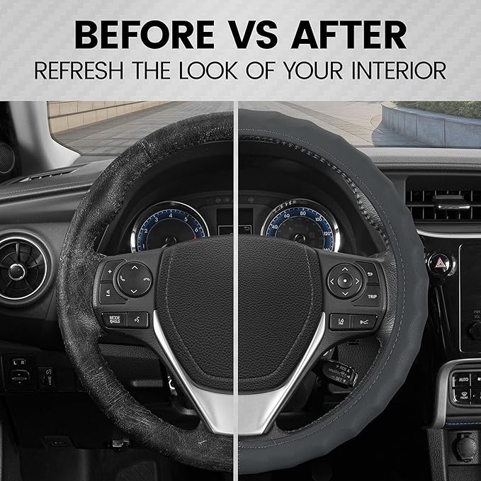 BDK Genuine Gray Leather Steering Wheel Cover for Car, Medium (14.5" - 15.5") – Ergonomic Comfort Grip for Men & Women, Universal Fit Car Steering Wheel Cover for Most Vehicles