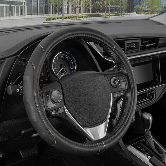 Motor Trend GripDrive Faux Black Leather Steering Wheel Cover for Car Truck Van SUV, Small 14 inch Size, Beige Accent Stitched Car Steering Wheel Cover Vehicle & Auto Accessories