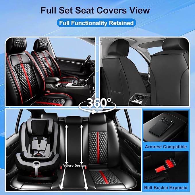 Fit Trax Car Seat Covers for Chevrolet/Chevy Trax 2015-2026 - Luxury Full Coverage Leather, Waterproof & All Weather Seat Cushion Protector, Airbag Compatible, Full Set, Black with Red Trim