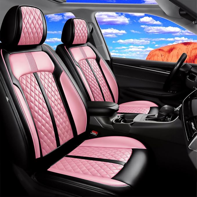 Fit Cruze Car Seat Covers for Select Chevrolet/Chevy Cruze 2011-2019, Premium Full Coverage Leather, Airbag Compatible, Waterproof All Weather Seat Cushion Protector, Full Set, Black+Pink