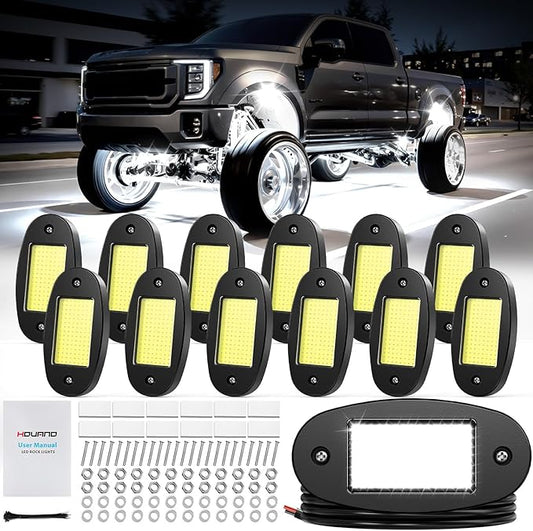 Hovano 12 Pods COB White Rock Lights, 120 COB Chips 6500K Pure White Super Bright Neon Underglow, IP68 Waterproof Shockproof Off-Road Light Kit for Pickup Trucks, SUV, UTV, ATV, RZR, Cars & Boats