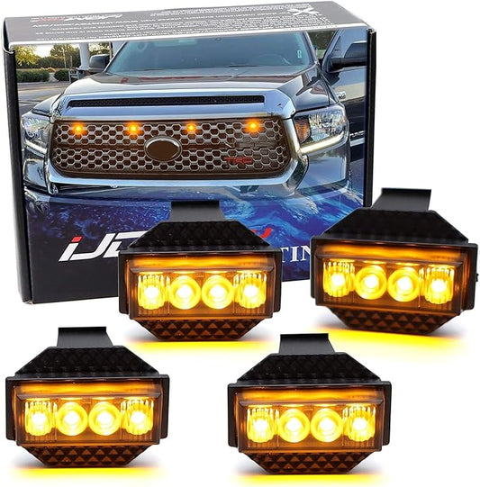 iJDMTOY 4pc Black-Out Smoked Lens Amber Yellow Full LED Front Grille Clearance Light Kit Compatible with Toyota 2018-2021 Tundra w/Honeycomb, Non-TRD, Non-Horizontal Beam Grille