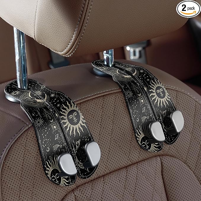 CoBak Purse Hook for Car - Universal Premium Stitched Leather and Aluminum-Magnesium Alloy Double Car Seat Back Storage Hook for Purses, Handbags, Bags (2 Pack),Star Mark