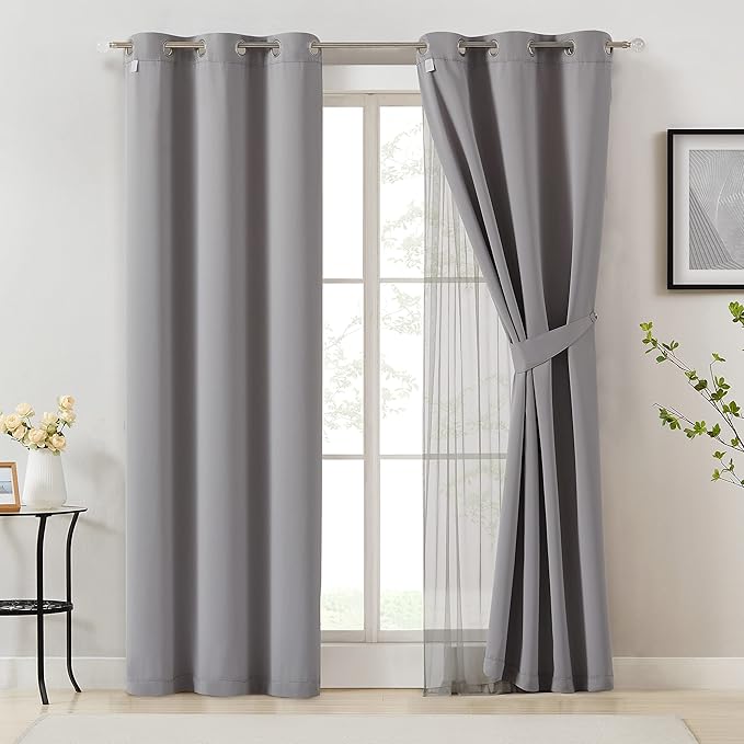 Bujasso Grey 90% Blackout Curtains with Sheer Overlay Mix and Match Double Layer Window Curtains Thermal Insulated 102 inch for Living Room Bedroom Gray Drapes with Tiebacks Grommet Top 54" Wx102 Lx2
