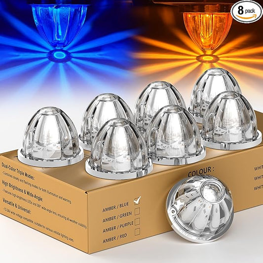 8-Pack Dual Color Watermelon Lights 3 Modes Amber Blue LED Strobe & Steady Lights 360° Visibility Clearance Side Marker Warning Lights for Truck Trailer Kenworth Peterbilt Freightliner