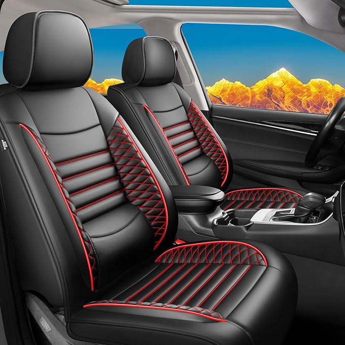 Fit Prius Car Seat Covers for Toyota Prius 2001-2024 2025 2026 - Upgraded Premium Waterproof & Breathable Leather, Airbag Compatible, All-Weather Seat Cushion Protector (Full Set, Black+Red)