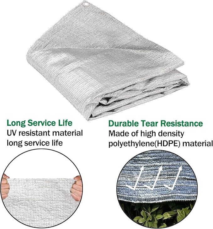 95% Sun Block Heavy Duty Aluminum Foil Shade Cloth with Grommets,10ft x 10ft, Mesh Sun Block Fabric Cover, Canopy, Privacy Screen for Outdoor Patio, Garden, Backyard, Silver