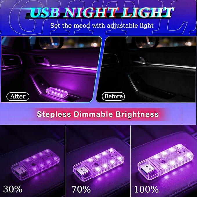 4 PCS Car LED Lights, USB Plug-in Rechargeable 8 High-Brightness,Portable Touch Control Dimmable Night Light for Car/Bedroom/Party/Holiday Decoration (1 Red&1 Blue& 1 Green& 1 Purple)