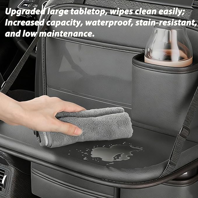 Universal Premium Leather Foldable Car Backseat Organizer with Table Tray, Seat Back Protector with Touch Screen Pad Phone Holder, Car Storage Pockets Tissue Holder with School Bags Hooks