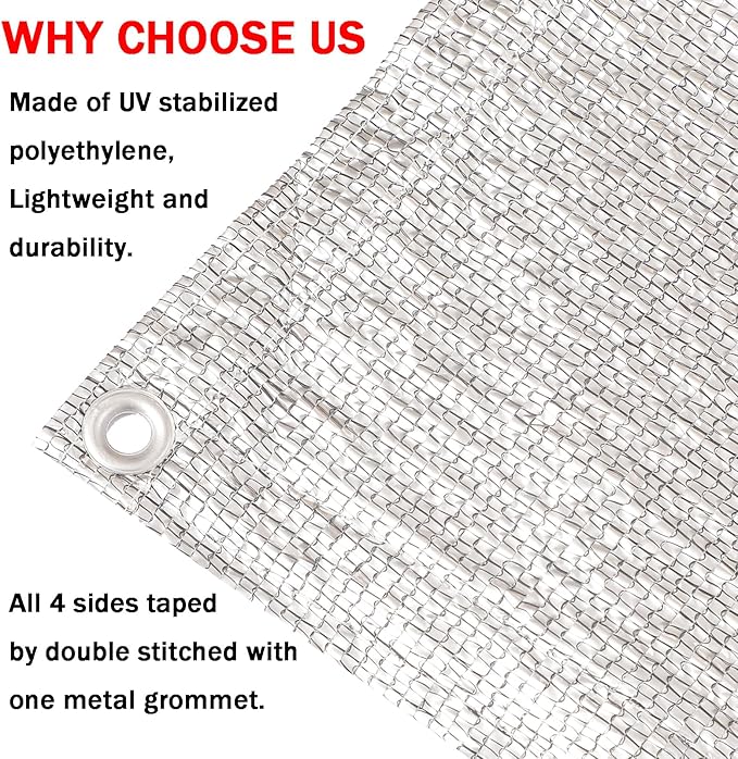 95% Sun Block Heavy Duty Aluminum Foil Shade Cloth with Grommets,8ft x 12ft, Mesh Sun Block Fabric Cover, Canopy, Privacy Screen for Outdoor Patio, Garden, Backyard, Silver