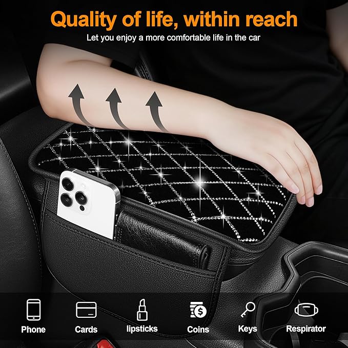 Bling Armrest Cover for Car Compatible with Jeep Grand Cherokee - Center Console Cover with 2 Storage Pockets and Crystal Diamond(Black)