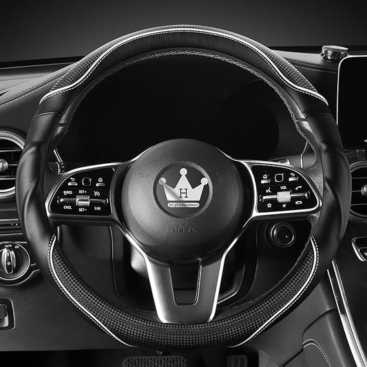 3D Car Steering Wheel Cover Comfort Grip Massage Sporty Anti-Slip Carbon Fiber Faux Leather for Sedan SUV, Universal Fit, Car Handle Covers for All Seasons, 14.75-15.15in, White