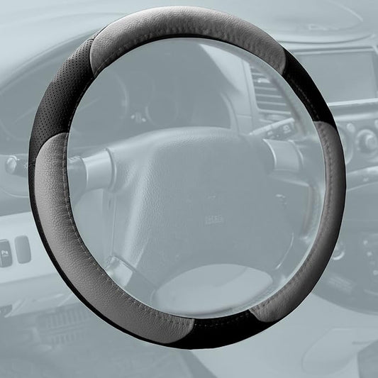 FH Group Universal Fit Perforated Genuine Leather Steering Wheel Cover Fits Most Cars, SUVs, Gray Black