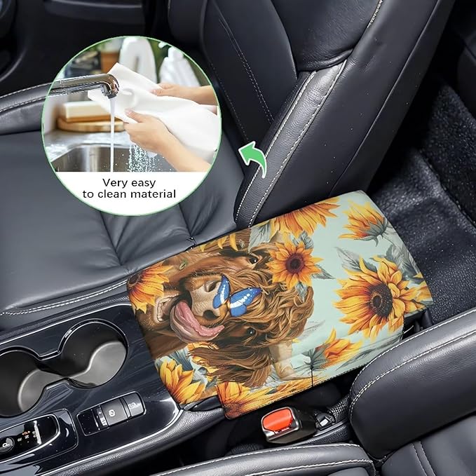 Dreaweet Sunflower Highland Cow Arm Rest Cover for Car Women Thick Center Console Cover with Pockets Soft Comfortable Car Armrest Cushion Universal Console Covers for SUV Trucks