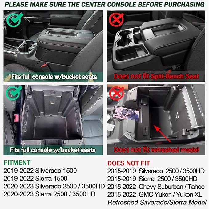 TOPINSTALL 4 Compartments Full Size Tray Compatible with 2019-2022 GMC Sierra Chevy Silverado 1500 and 2020-2023 Silverado/Sierra 2500HD 3500HD Full Console w/Bucket Seats ONLY