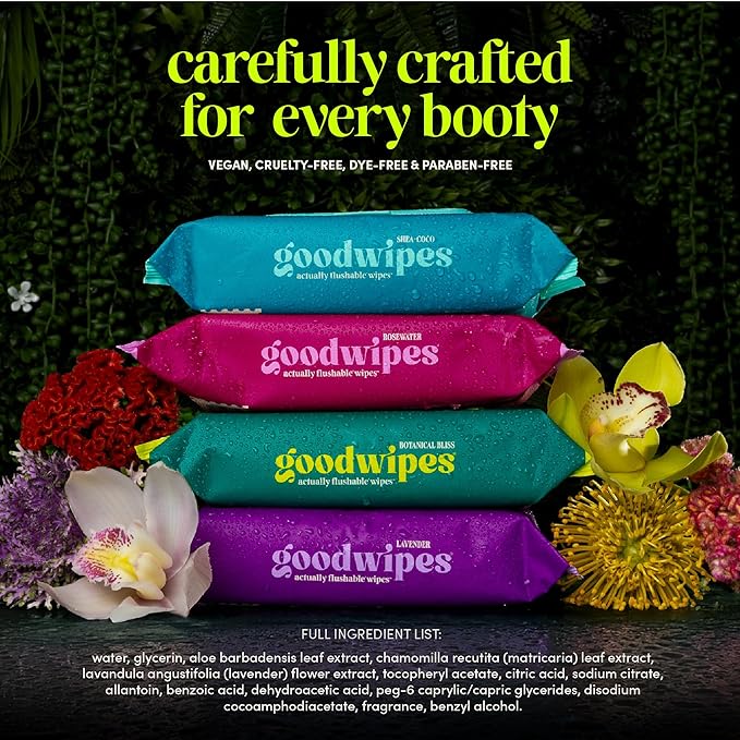 goodwipes Flushable Butt Wipes - Vitamin E & Aloe - Sewer & Septic Safe - Extra Large Adult Wet Wipes For Women & Men - Bathroom Essentials - Cedar, 318 Count (6 Packs + 1 Travel)