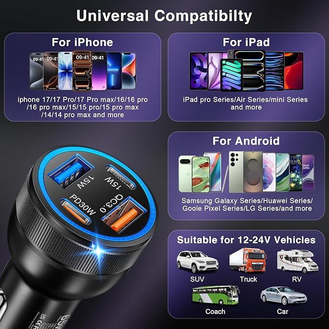 USB C Car Charger, 3 Pack 65W 4-Port Dual USBC & USB-A Car Charger Adapter Fast Charging Cigarette Lighter USB Charger Plug Cargador Carro Phone Accessories for iPhone 17 16 15 Pro Max, Galaxy S25