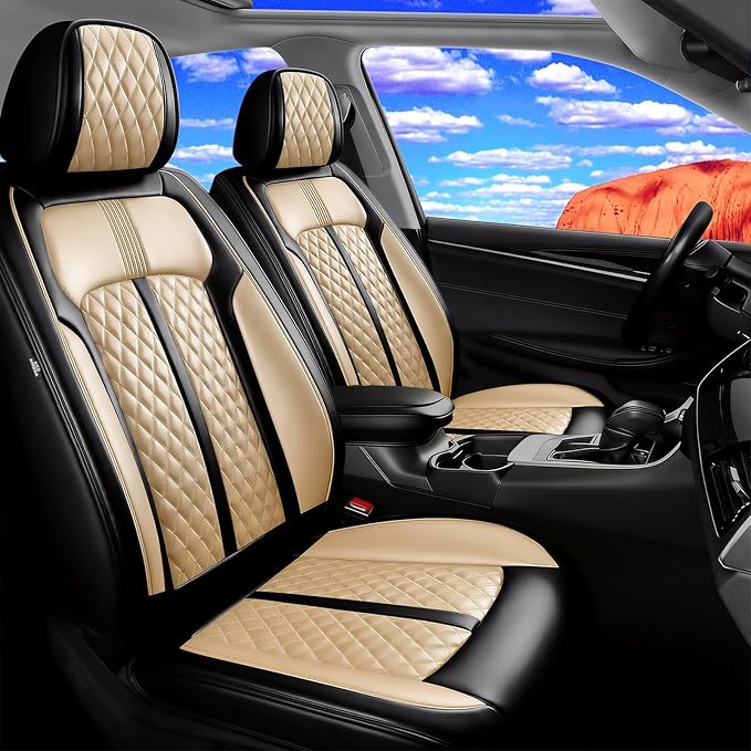 Fit CX-30 Car Seat Covers for Select Mazda CX30 2020-2025, Premium Full Coverage Leather, Airbag Compatible, Waterproof All Weather Seat Protector, Front Pair Black+Beige