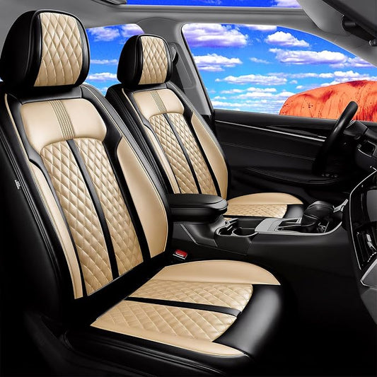 Fit Malibu Car Seat Covers for Chevrolet/Chevy Malibu 2009-2025, Full Coverage Leather, Airbag Compatible, Waterproof All Weather Breathable Seat Cushion Protector, Full Set, Black+Beige
