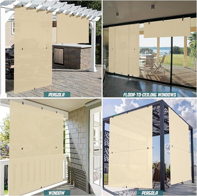 Bynbbur 8'W x 6.5'H Outdoor Patio Shades Foldable Roller Blinds, 220 GSM Sun Shade Roll Up Porch Screens Exterior Shade Cloth for Deck Pergola Backyard, Beige