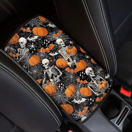 Halloween Pumpkin Skull Car Armrest Pads Car Armrest Cushion Arm Rest Covering Car Middle Console Covers Non Slip for Truck Auto SUV Car Accessories