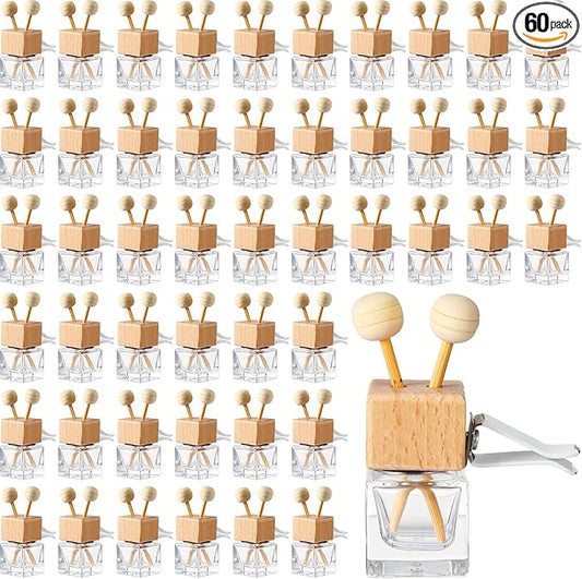 Zubebe 60 Pcs Car Diffuser Bottles Empty Bulk Vent Clip Car Air Freshener Diffuser for Essential Oil Perfume Glass Bottle with Wooden Caps Stick Fragrance Ornament (Clear)