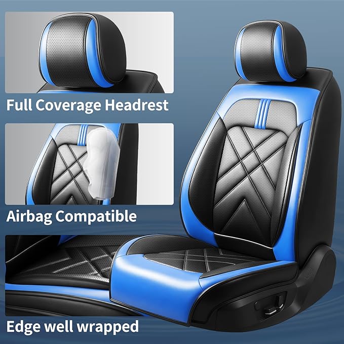 CX-3 Car Seat Covers Fit for Mazda CX-3 2016-2021, Full Coverage Premium Leather Waterproof Breathable Seat Covers, Automotive Seat Protectors, Airbag Compatible(Full Set Seats, Black-Blue)