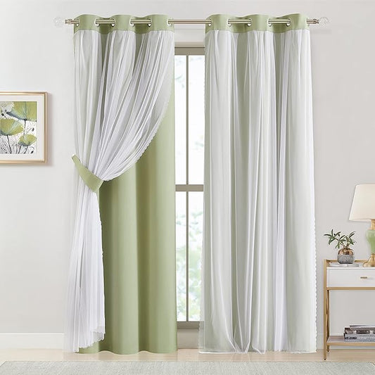 Bujasso Sage Green 90% Blackout Curtains with Sheer Overlay Mix and Match Double Layer Thermal Insulated Window Panels 72 inch Living Room Bedroom Green Drapes with Tiebacks Grommet Top 37" Wx72 Lx2
