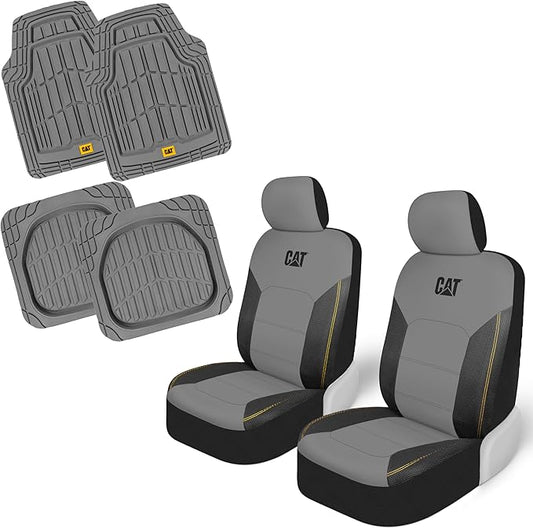 CAT PU Leather Seat Covers for Cars – (2) Front Seat Covers with (4) All-Weather Heavy-Duty Floor Mats for Trucks, Cars, & SUVs Combo Set – Car Interior Protection Liners for Car Seats and Floors