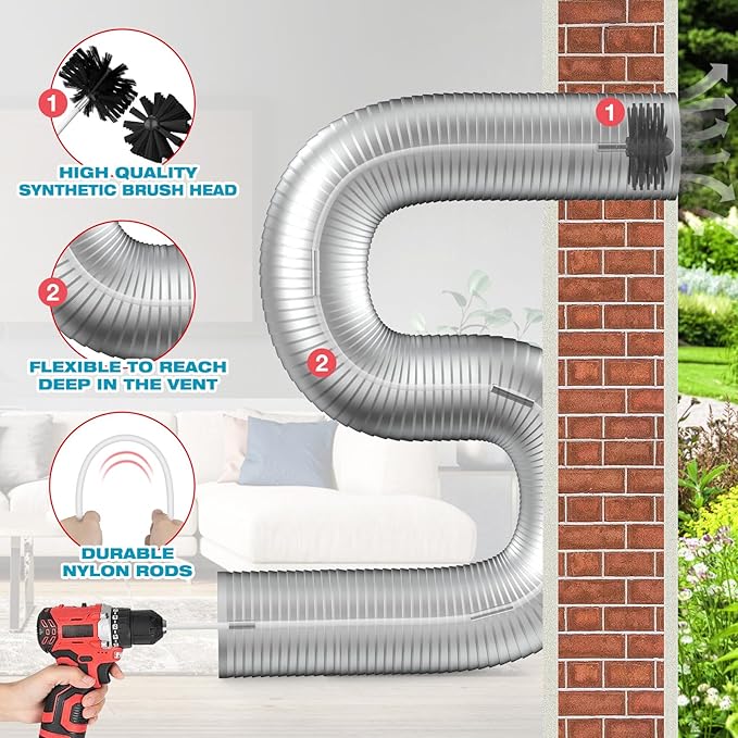 PetOde 35 Feet Dryer Vent Cleaner Kit, Lint Remover, Upgraded Flexible Quick-Snap Brush with Drill Attachment, Extends Up to 35 FEET for Easy Cleaning, Cleaning Tools Use with/Without a Power Drill