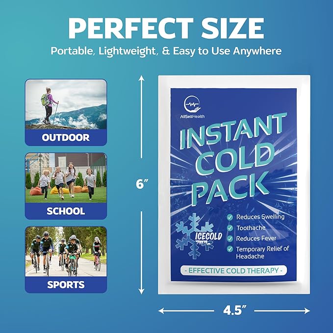 50 Pack Instant Ice Cold Pack (6” x 4.5”) - Disposable Instant Ice Packs for Injuries | Cold Compress Ice Pack for Pain Relief