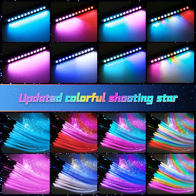 Split Car Starlight Headliner Kit, 4 Colors 12W Meteor Fiber Optic Starlight Kit, 500pcs*0.02in*9.8ft+240 RGBW Sound Activate Shooting Star Lights for Ceiling Car Roof/Home Decor
