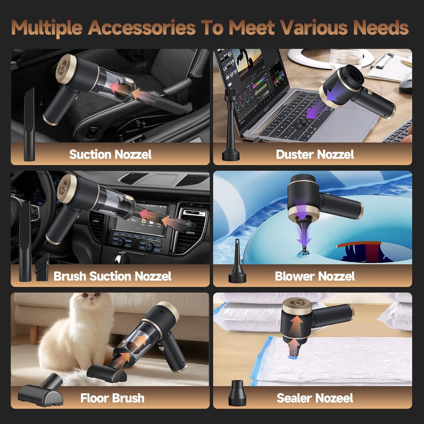 Car Vacuum Portable Cordless, Hand Vacuum with 16000PA High Power, 7 in 1 Mini Car Vacuum Cleaner with One-Click Empty, Dual Hepa Filter, LED Light, Type-C Charging Small Handheld Vac