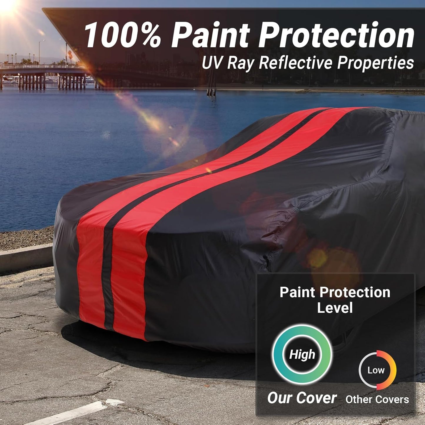 iCarCover Custom Car Cover for Chevy Del Ray (1958) Waterproof All Weather Rain Snow UV Sun Protector Full Exterior Indoor Outdoor Car Cover (Stripe - Black/Red)