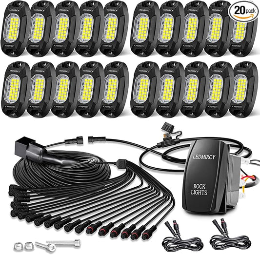 Rock Lights,LEDMIRCY R6 LED Pure White Rock Lights 20PCS with Rocker Switch Wire Harness Kit Super Brigh Luces para Carro for Trucks Off Road ATV SUV High Power Light Waterproof Shockproof