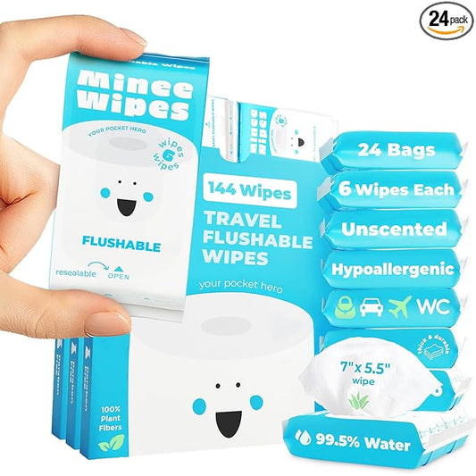 Impossibly Compact Travel Flushable Wipes - 99.5% Water and Aloe - Safe for Sensitive Skin & Hypoallergenic - Travel Essentials for Adults, Kids & Babycare, Unscented, 24 Pack 144 Wipes