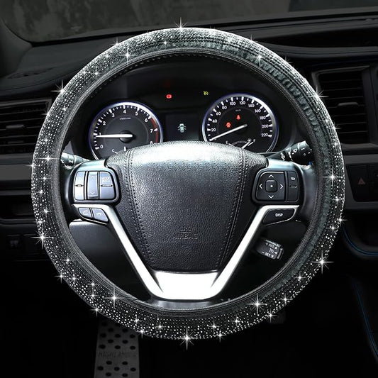 Bling Steering Wheel Cover, Crystal Rhinestone Diamond Steering Cover Universal Fit 15 inch Car Steering Wheel Protector for Women & Girl (Black)