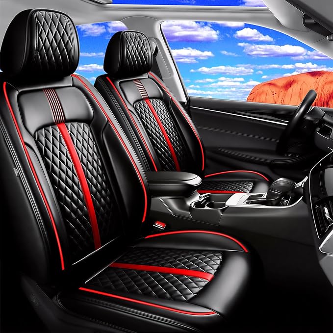 Fit Mazda 6 Car Seat Covers (Front Pair) for Select Mazda 6 2007-2021 - Premium Full Coverage Leather, Airbag Compatible, Luxury Waterproof & All Weather Breathable Seat Protector, Red Trim