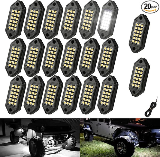SUNPIE White Rock Lights, 20 Pods LED Rock Lights Underglow kit IP67 Waterproof Underglow Light kit for Trucks Car Jeep ATV UTV SUV Pickup Off Road RZR Under Body Glow Light Trail Lighting
