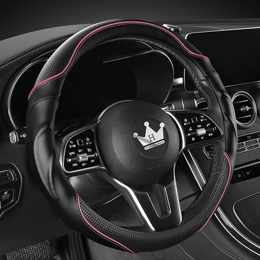 3D Car Steering Wheel Cover Comfort Grip Massage Sporty Anti-Slip Carbon Fiber Faux Leather for F150, Trucks, Jeep, Van, Car Handle Covers for All Seasons, 15.2-16in, Pink