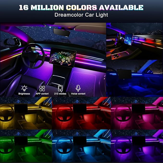 Dreamcolor Acrylic Interior Car LED Strip Light with USB/Type C/4-Port Cigarette Lighter, RGB 10 in 1 with 187 inches 650 LEDs Ambient Lighting Kits, Sound Active Function Neon Led Strips for Car