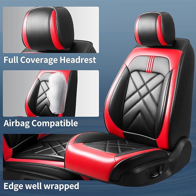 CX-90 Car Seat Covers Fit for Mazda CX-90 2007-2026, Full Coverage Premium Leather Waterproof Breathable Seat Covers Full Set, Automotive Seat Protectors, Airbag Compatible(5 Seats, Black Red)